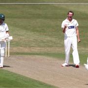 Glamorgan's Michael Hogan (centre right) celebrates the wicket of Worcestershire's Jack Haynes during day one of The Bob Willis Trophy match at Blackfinch New Road, Worcester..