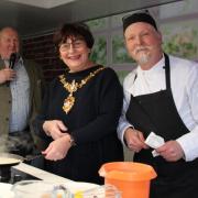 Cooking demo with presenter Porky, Mayor of Dudley Cllr Anne Millward and GBBO contestant Terry Hartill. Picture: Terrence Alliband