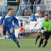 Ben Haseley scores against Hednesford Town. Photo by Dave Hawley.