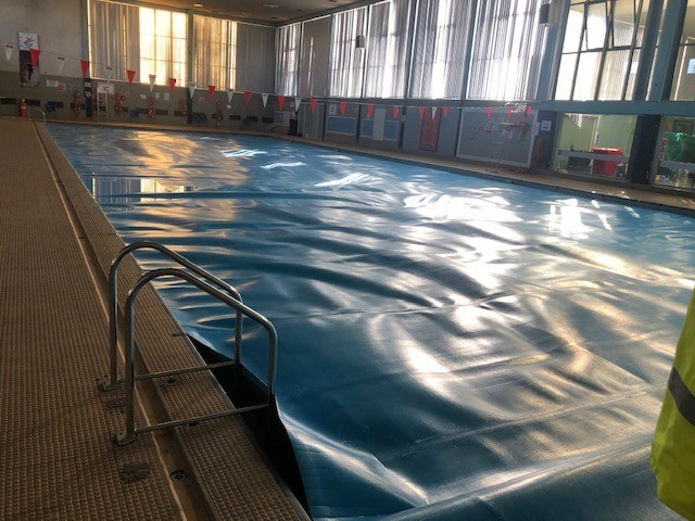 The pool at Halesowen Leisure Centre has been covered over in preparation for the start of work
