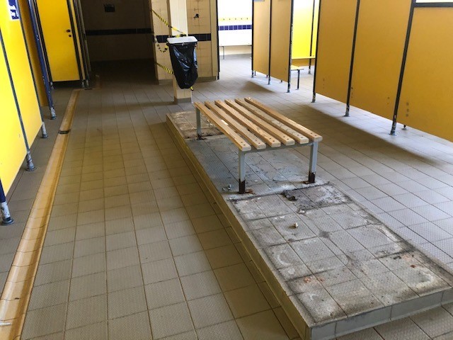 Benches and lockers have been removed in early work to revamp the changing rooms at Halesowen Leisure Centre