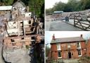 The Crooked House after the fire, left, and right - the rubble remains and how it used to look