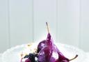 Ppached pears in Blackberry wine