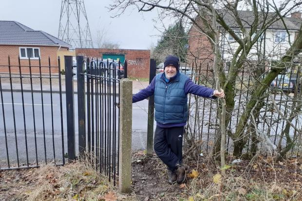Clive Heywood, standing inside the now unlocked public rights of way gate in December 2021, at Brandhall Golf Course. Copyright Clive Heywood. With permission for all LDRS partners to use.