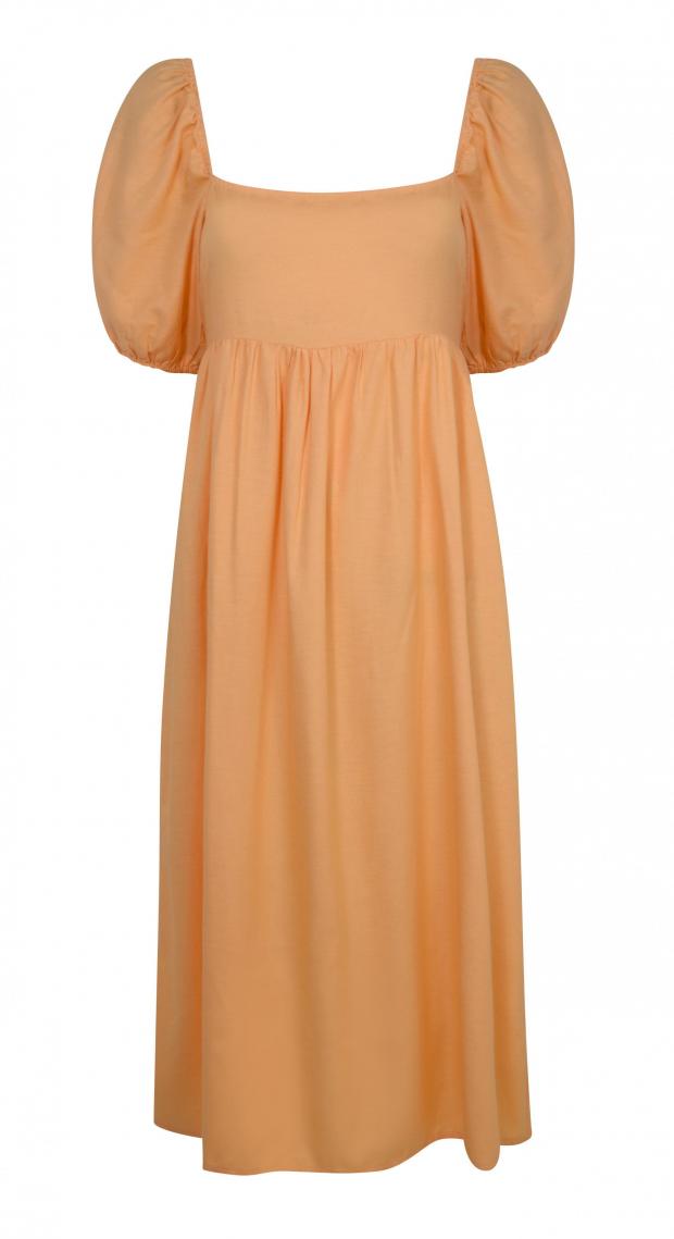 Halesowen News: Bright Orange Linen-Look Puff Sleeve Midi Dress. Credit: New Look