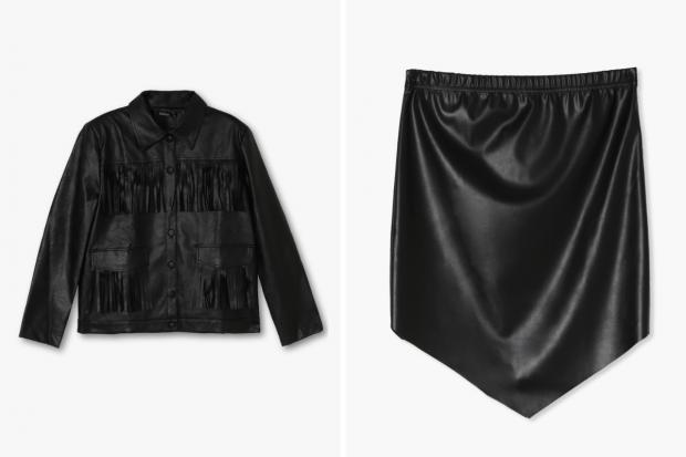 Halesowen News: (Left) Fringe Faux Leather Jacket and (right) Pointed Hem PU Mini Skirt in black (Boohoo/Canva)