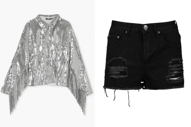 Halesowen News: (Left) Sequin Fringe Detail Shirt and (right) Petite High Rise Distressed Denim Shorts (Boohoo/Canva)