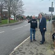 Councillor Stuart Henley and James Morris MP on Narrow Lane in Hurst Green